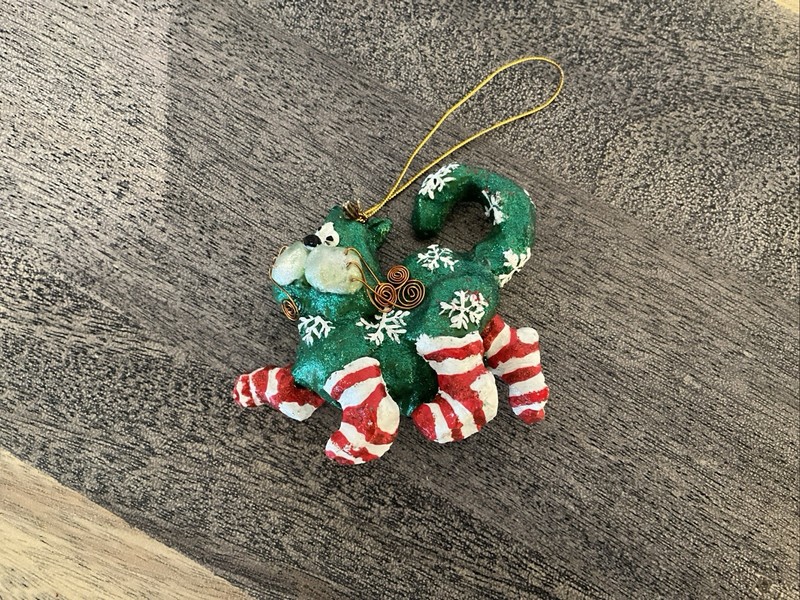 Whimsical Green Holiday Cat Ornament Festive Candy Cane Legs Copper Whiskers 3”
