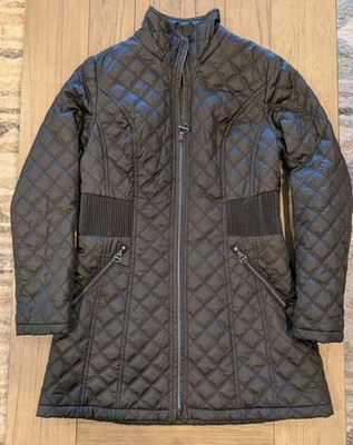 LAUNDRY BY SHELLI SEGAL Shevron Quilted Coat Long Sleeve Hood Black S