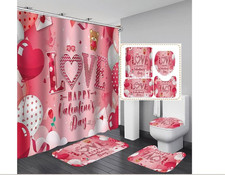 4 Pcs Valentine'S Day Shower Curtain Set with Non-Slip Rug, Toilet Lid Cover and