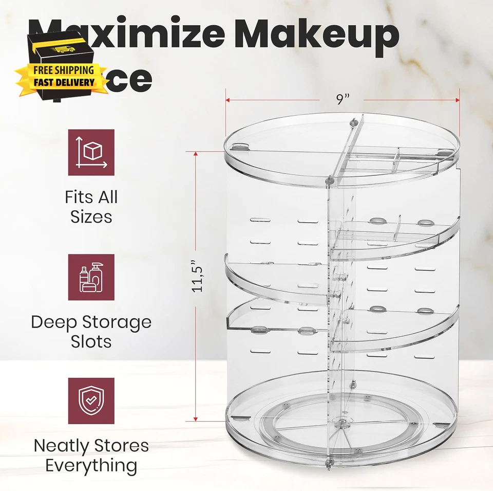 Encimera organizadora de maquillaje giratoria 360 - Altura de estante ajustable - la perfecta Foto 3 de 4