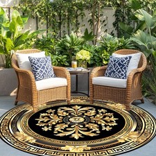1pc HKStorage Retro Black Golden Geometric Floral Round Mat - Durable Polyeste