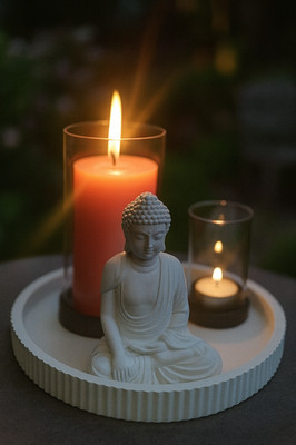 Zen Windlicht Set Keraflott - Buddha Yin Yang Deko Tablett Glas Kerzenhalter