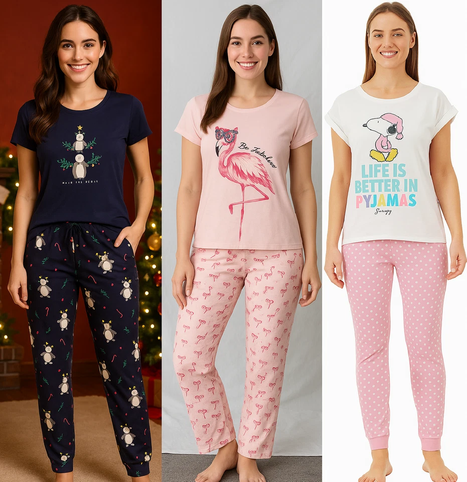 CHARACTER BRANDED STORE Womens Characters Cotton Pyjamas Set Nightwear Loungewear Christmas Pjs
