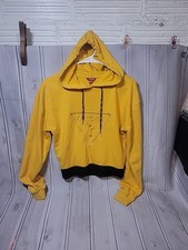 Guess Los Angeles Womens Small Yellow Pullover Cropped Hoodie Sweatshirt