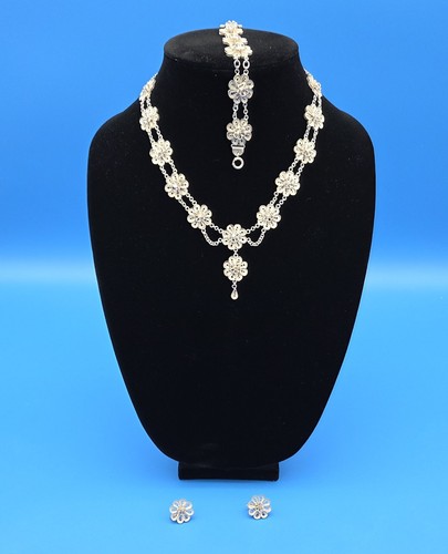Vtg Artisan 925 Sterling Handmade Filigree Floral Parure Necklace Set 45.10 G
