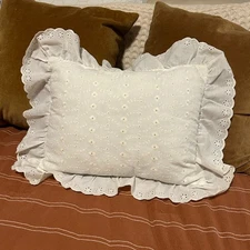 VTG White Throw Pillow Eyelet Ruffled Trim Embroidered Cottagecore Rectangle 16"