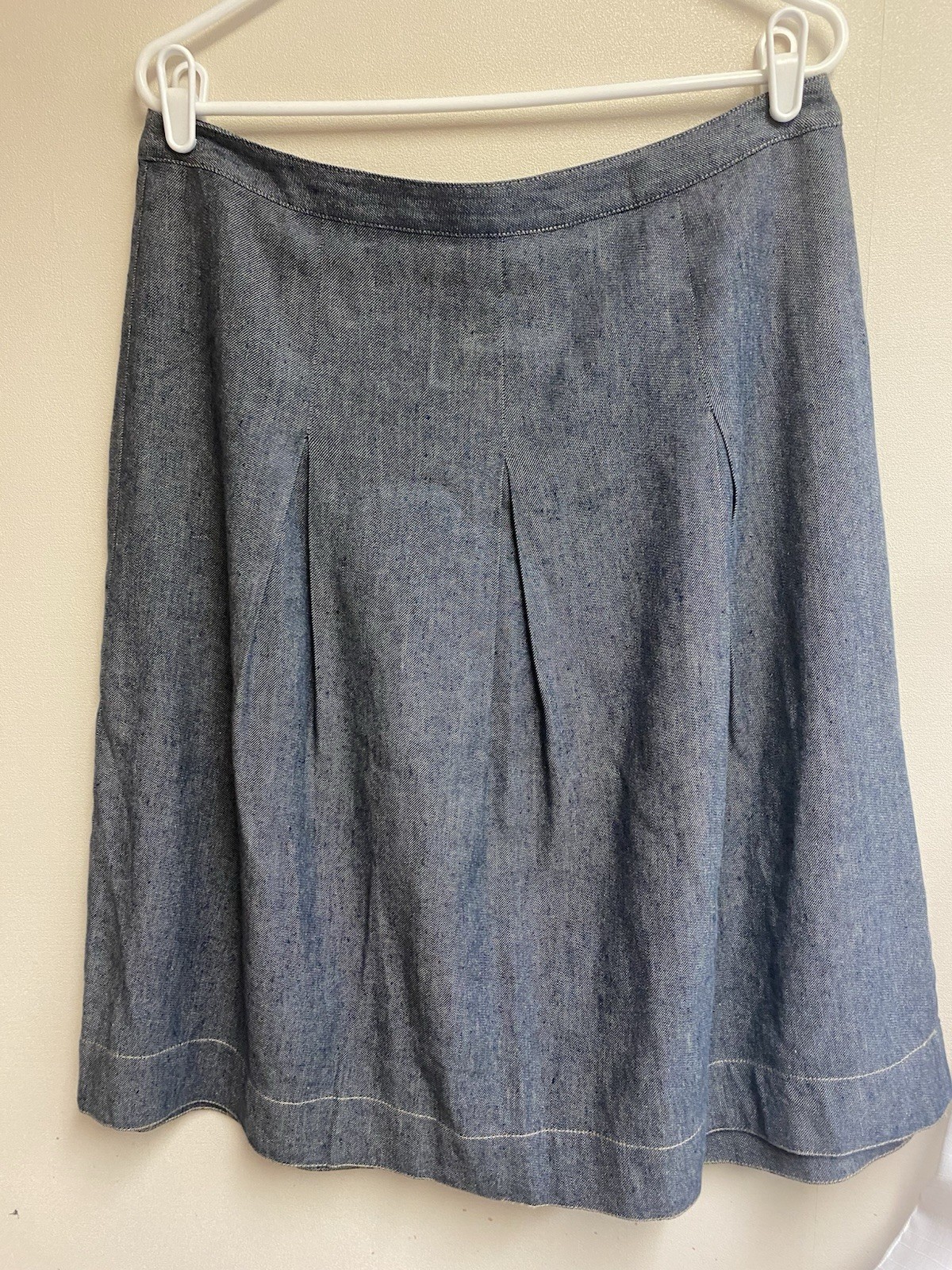 Talbots Blue Denim Linen Cotton Pleated A-Line Knee Skirt 12 Zip