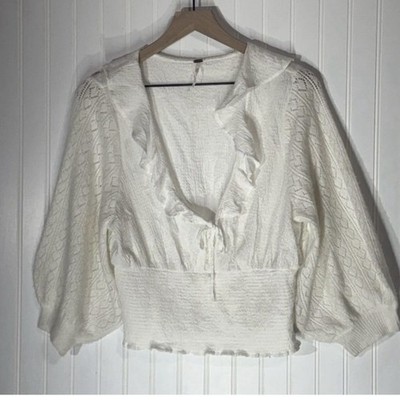 Free People Cropped Peasant Top L White Ruffle Smocked Cottagecore Prairie boho