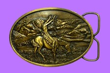 BELT BUCKLE - VINTAGE 1977 BERGAMOT BRASS WKS NATIVE AMERICAN ON HORSEBACK, RARE