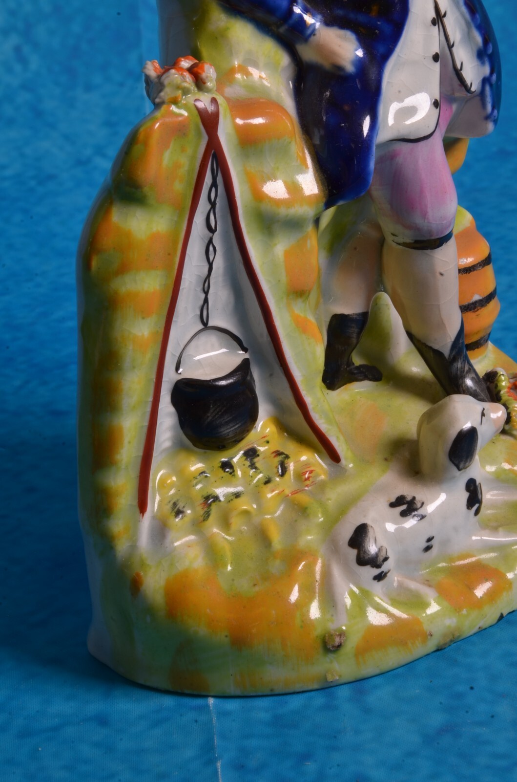 SUPERB MID 19TH CENTURY STAFFORDSHIRE FIGURE CAMPFIRE MAN & DOG GROUP