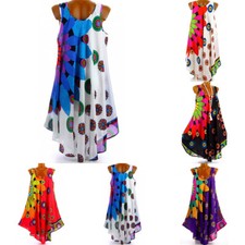 Women Boho Dress Summer Beach Tunic Long Tie-Dye Print Ladies Umbrella Dress