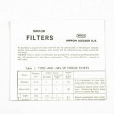 Nikon Nikkor Filters Sheet - Chart Guide - Original Vintage Pamphlet