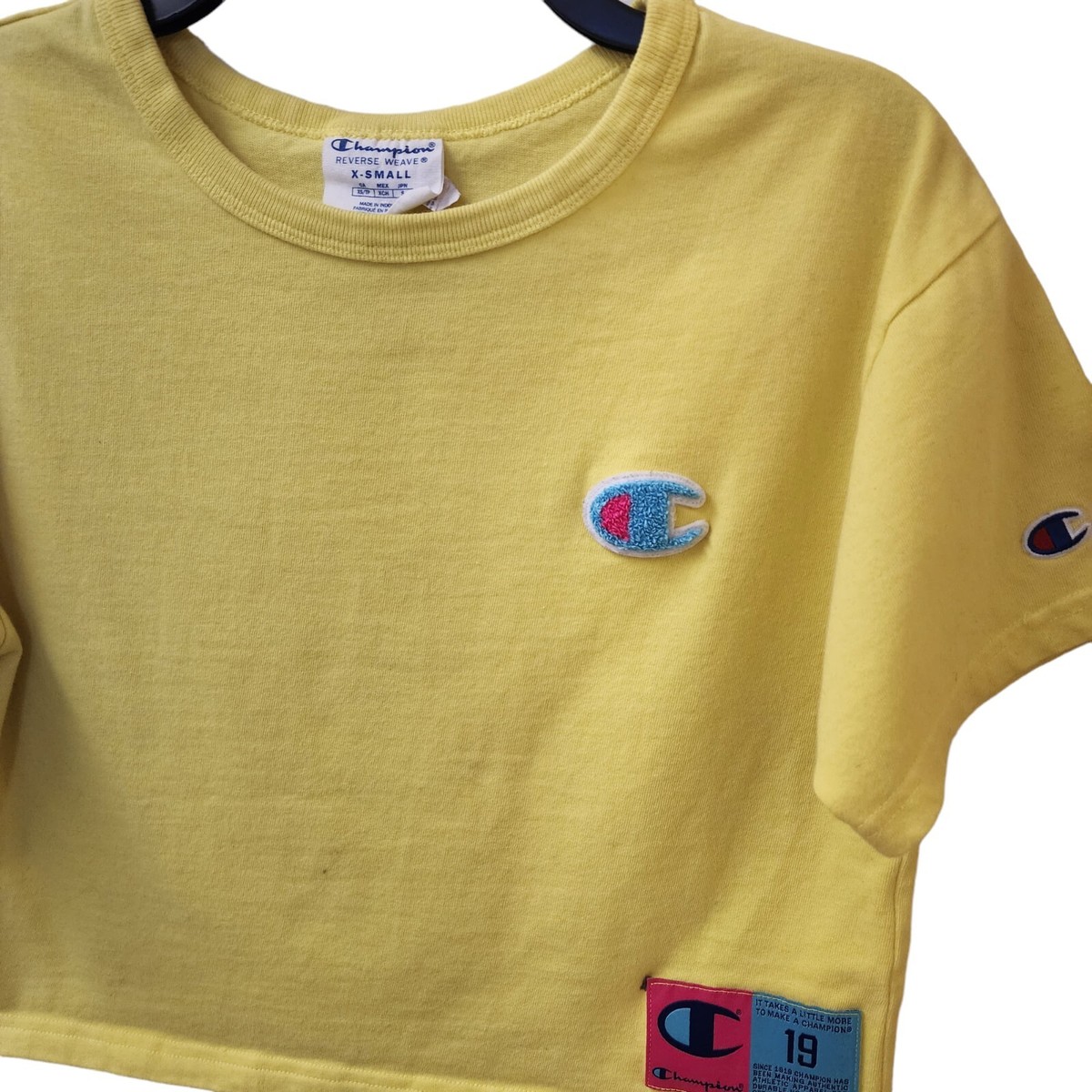 Champion Bright Yellow Reverse Weave Crop Top Size XS has FLAW