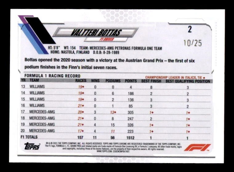 2021 Topps Chrome Formula 1 Orange Wave Refractor #2 Valtteri Bottas #10/25 - Image 2 of 2