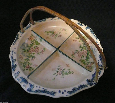 Vintage 4 Section Hand Painted Dish with Wired Wicker Handle Japan c1940's