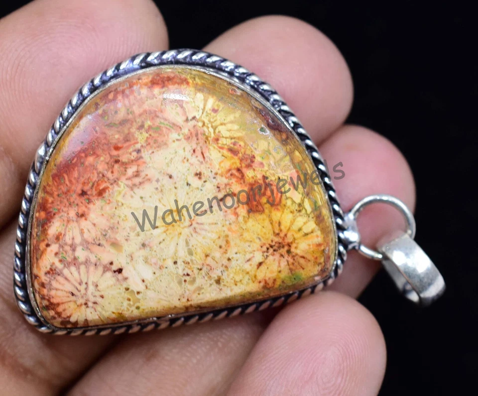 57.50 KT Fossil Corallo Diaspro Gemme 925 Argento Pendente Gioielli Certificato - Immagine 3 di 4