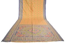 FNC Vintage Saree Indian Yellow Woven Ikat Blend Silk Sari Craft Fabric 5YD