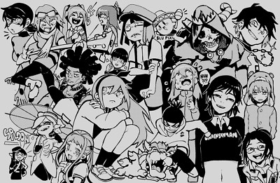 Anime girls cartoon collage monochrome ladybug bocchi playmat gaming mat