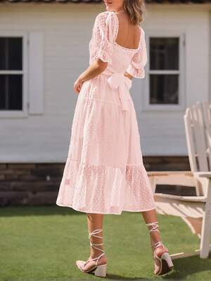 Plus Size Women's Square Neck Swiss Dot Puff Sleeve Ruffle Short Sleeve Dress