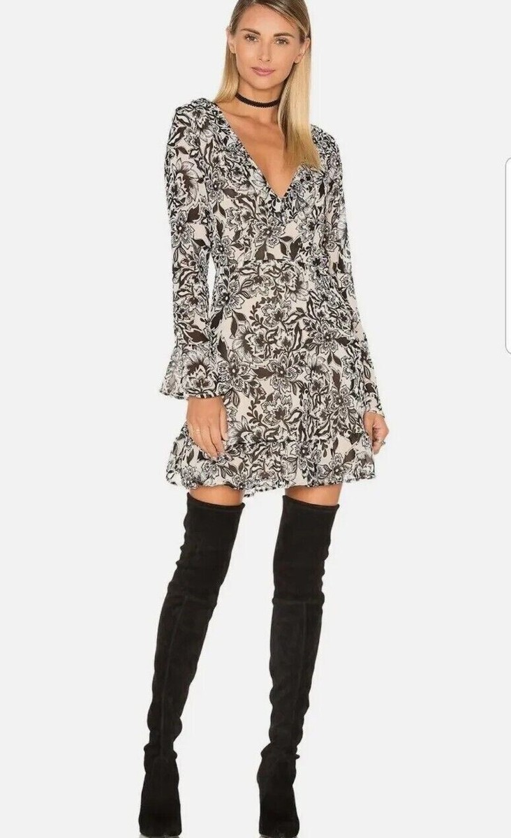 For Love And Lemons Gracie Dress Mini Ruffle Floral Size L Black Cream