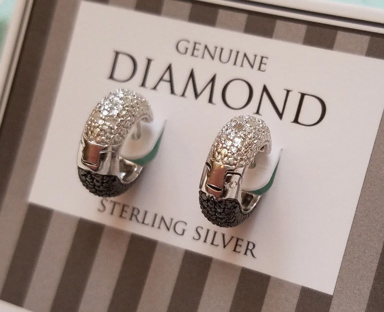 PENDIENTES ARO CON BISAGRAS DE PLATA DE LEY 925 DIAMANTES BLANCOS Y NEGROS GENUINOS DE 1/2 QUILATE  Foto 4 de 4