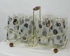 Vintage Midcentury Lot of 8 Coin Glasses with Caddy