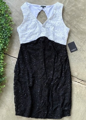 New Marina Lace Sequined Sleeveless Keyhole Cocktail Dress Black White Size 12