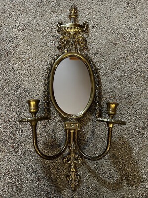 Antique Solid Brass Oval Mirror Wall Sconce Double Candle Holder