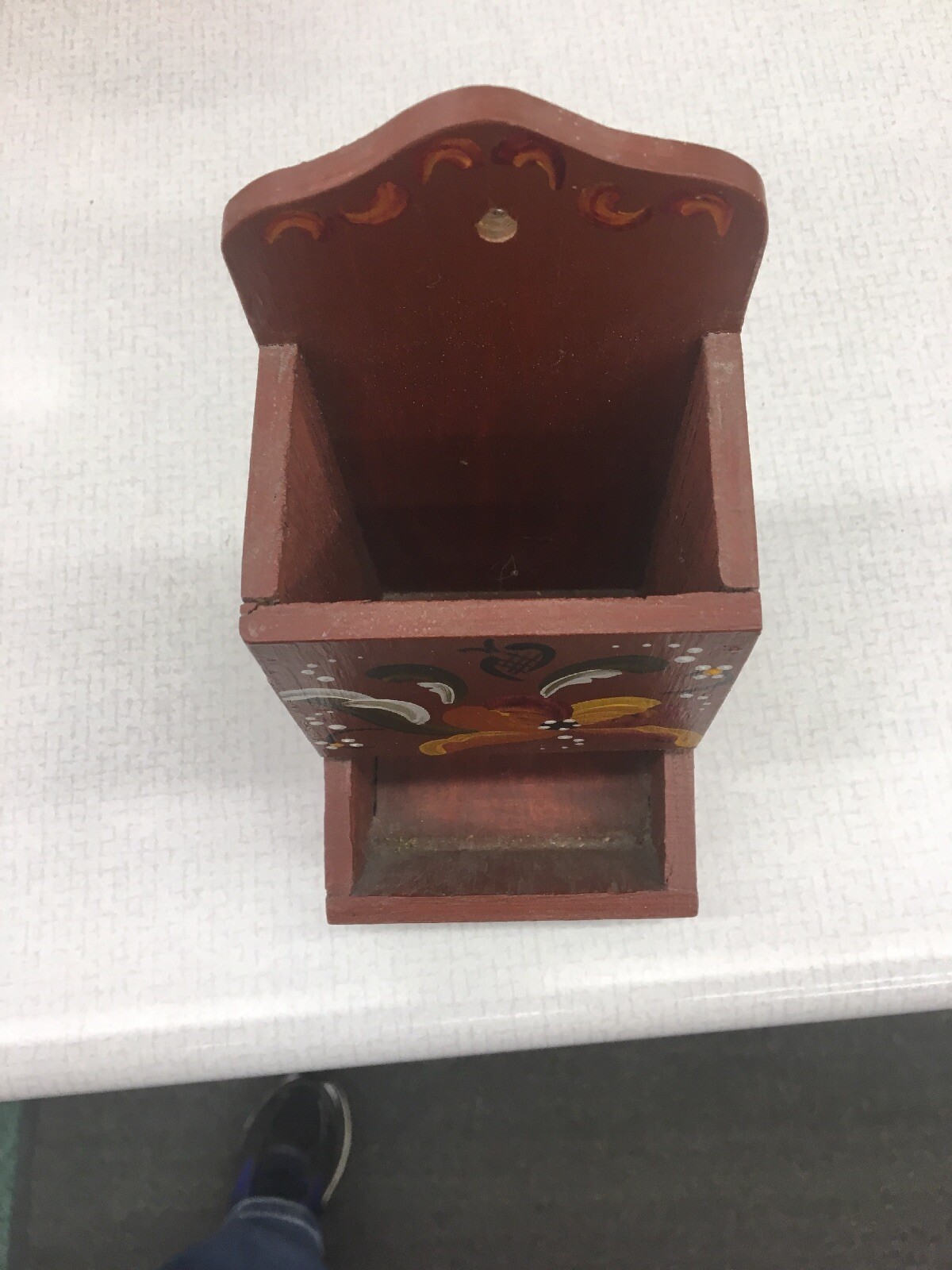 Vintage Norwegian Rosemaling Wooden Wall Hanging Match Holder Maroon