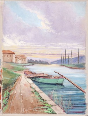 Flussszene Fischerboot river fishing boat Aquarell watercolor drawing 1900