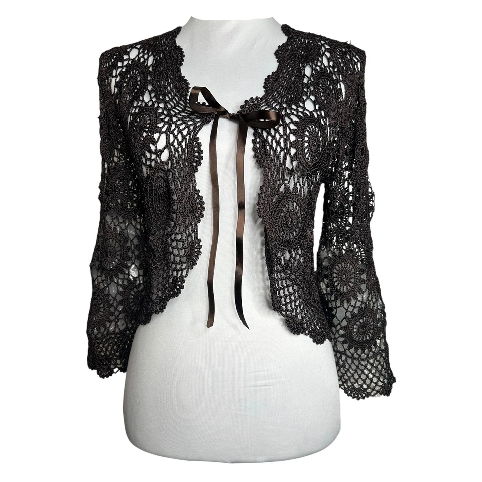 Top Vintage Crochet XS Marrón Corbata Frontal Transparente Capricho Boho Años 90 Y2K Joseph A Foto 3 de 4