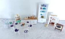Dollhouse kitchen furniture lot fridge counter hutch dining set dog TV stroller