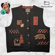 WOOLRICH Black Bear Cabin Tree Embroidered Wool Knit Sweater Vest Women's Large