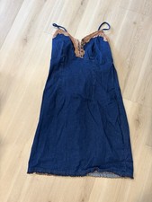 Vintage denim style Cotton Dress  Sleeveless Lace Trim and top Button L- flaw