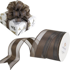 Brown Sheer Wired Ribbon with Satin Stripe 1-1/2