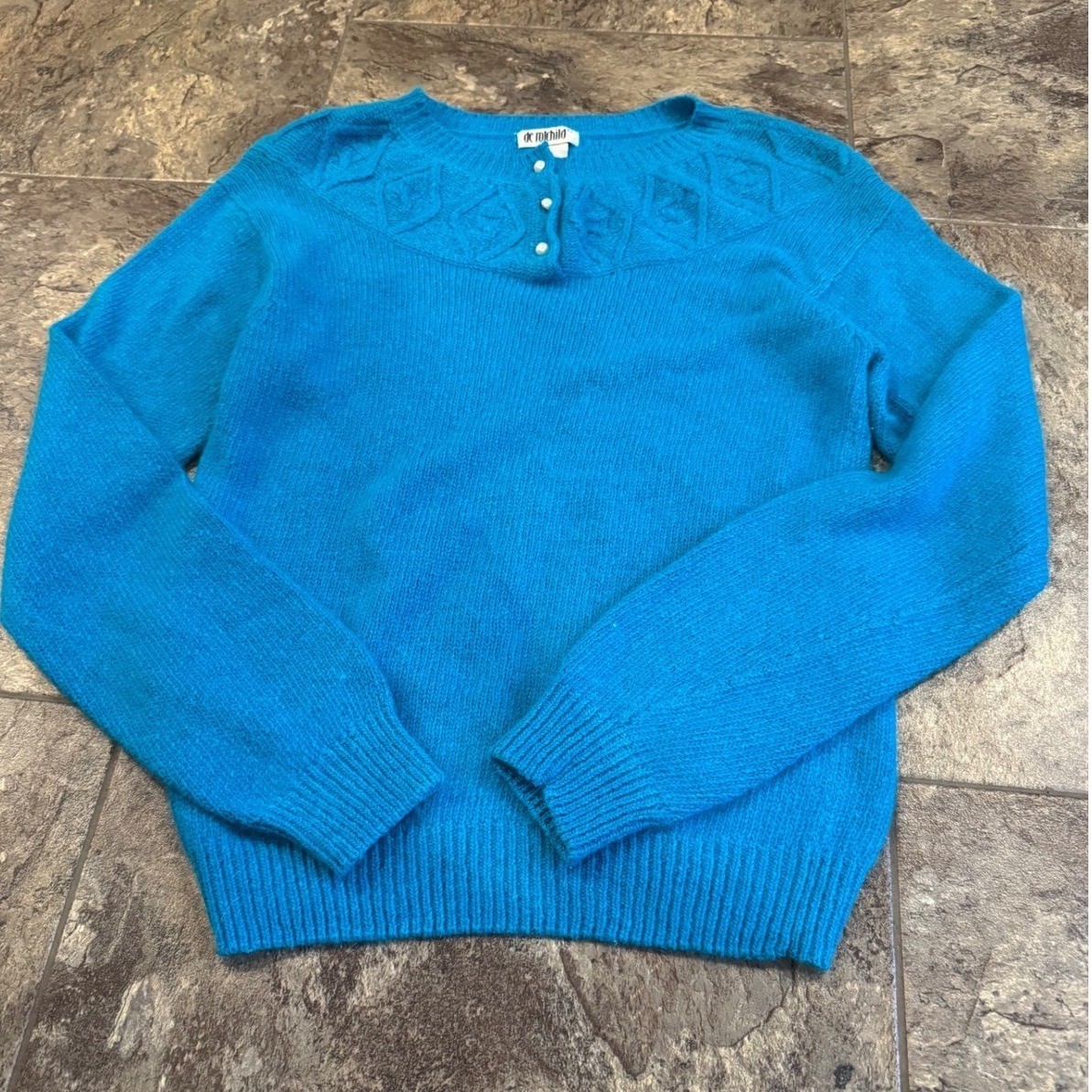 De Rothschild Blue Silk Nylon Angora Rabbit Hair Blend Cable Knit Sweater S