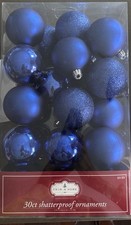 Blue Christmas Tree Ornaments 30 Pc Matte, Glitter, Glossy Shatterproof MINT