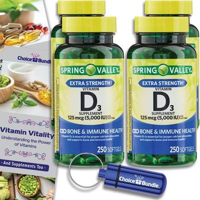 Spring Valley Vit D3 5000 IU 125mcg 4Pk (1000ct) Softgels + Bonus Guide & Case