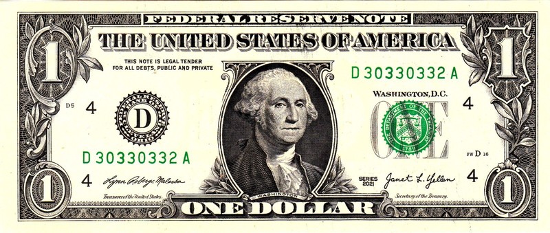 $1 2021 Fancy Serial  Uncirulated CU D30330332A