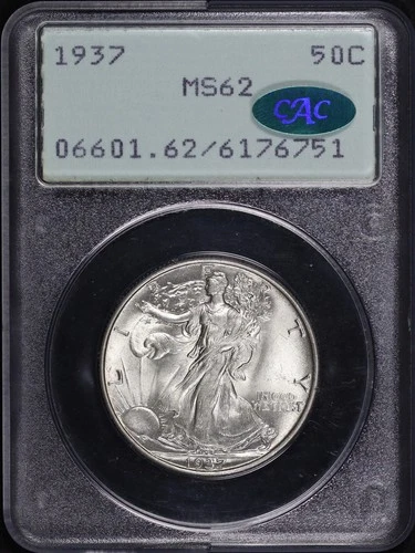 1937 Walking Liberty Half Dollar PCGS MS-62 CAC Old Green Rattler Holder
