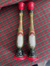 Pair Vintage Santa Hand Painted Wooden Christmas Candlesticks Signed 11.25" H