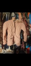 Girls Pink Quilted Hooded Jacket Fur Trim Button Long Sleeve Mid-Length