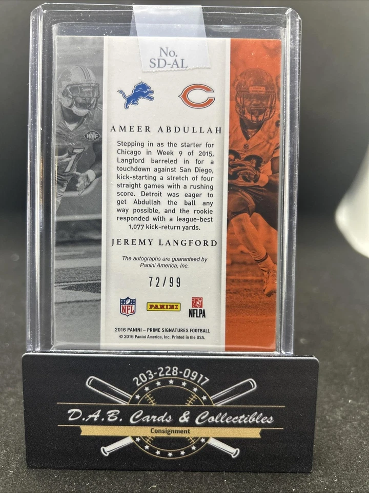 2016 Panini Prime Signatures Ameer Abdullah Jeremy Langford Dual Auto #/99 R02 - Image 2 of 2