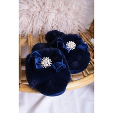 Pretty You London E6 Women's Faux Fur Slippers Slider Anya Navy - Choose Size