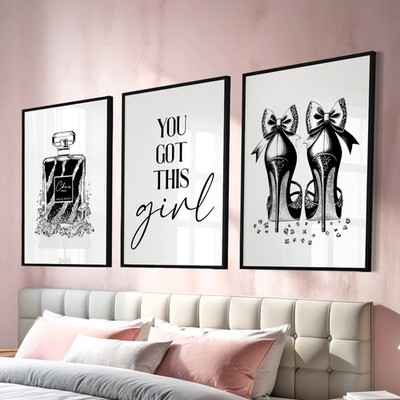 Mode Wandkunst Schönheit Absätze Make-up schwarz Drucke Mädchen Schlafzimmer Dekor 3er Set