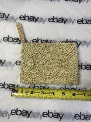 Vintage Handmade Beaded Coin Purse Pouch Wristlet Ivory Cream Circles Pattern 