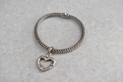 John Hardy Bracelet Sterling Silver Classic Woven 925 Bracelet w/ Heart Charm