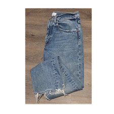 Zara Women's Blue Straight Leg Raw Hem Jeans Button Zip 5-Pocket Denim