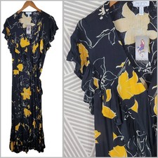 New Sofia Wrap Dress Maxi Ruffle trim Plus 3X Floral Black Yellow Long Tie Waist