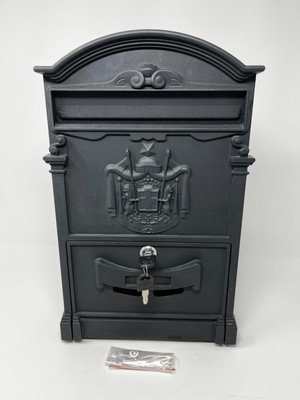 Locking Mailbox Wall Mount Metal Front Casted Black Coat Of Arms Mailbox w/Keys